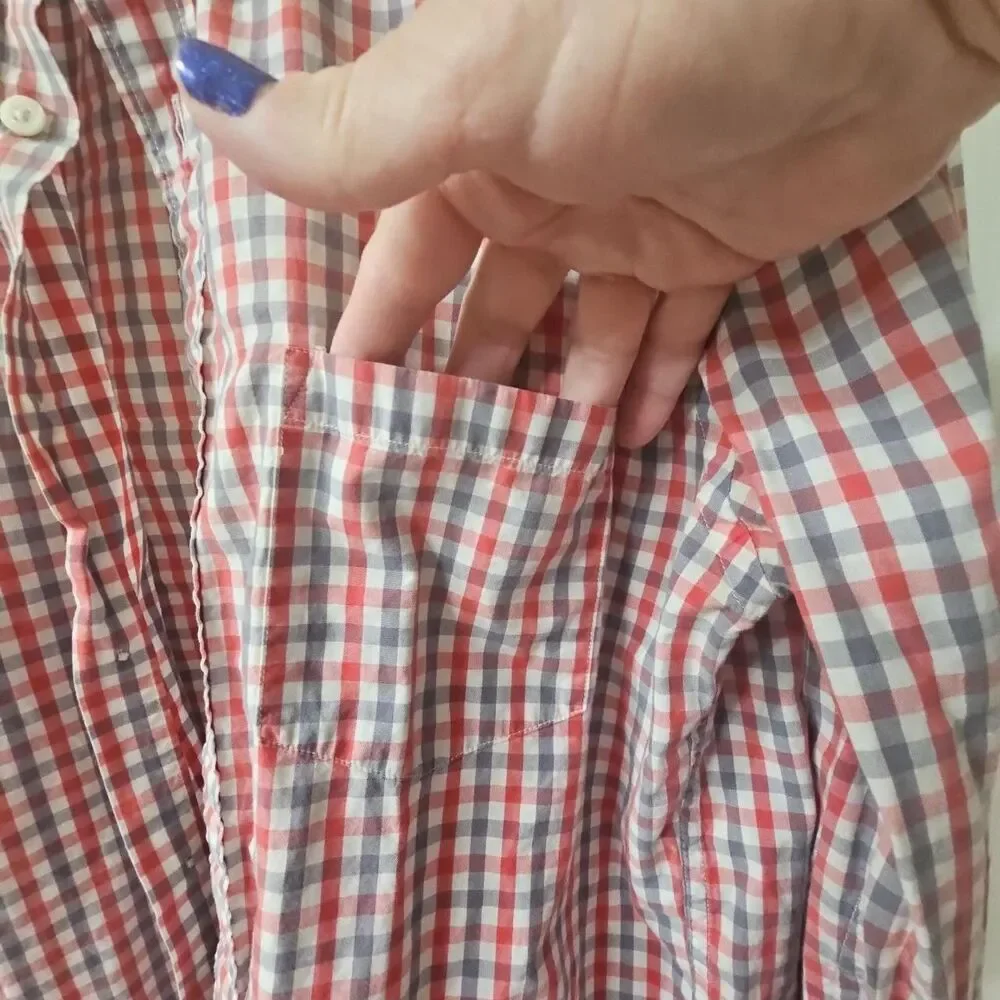 J.Crew Men's Slim Fit Red White and Blue Gingham Button Down Long Sleeve Shirt